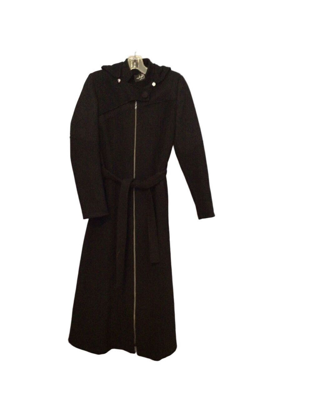 Athwab Black Long Belted Coat Removable Hood Full Zip Sz 40 Fits Like Small - Picture 2 of 11
